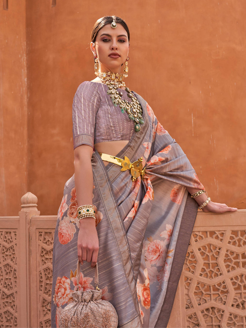 Monjolika Fashion Light Grey Color Digitally Printed Weaving Silk Saree With Blouse | Grocsy