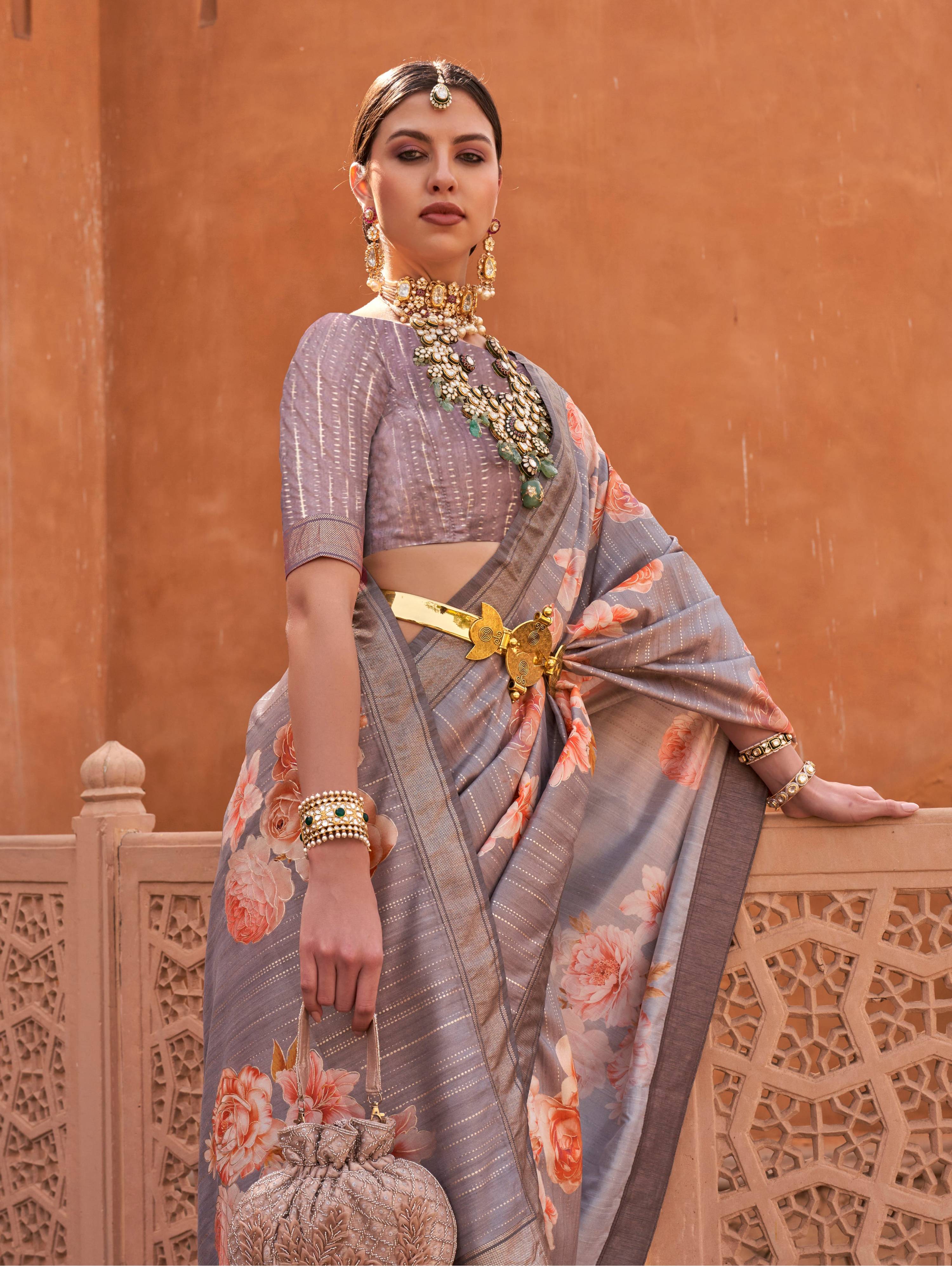Monjolika Fashion Light Grey Color Digitally Printed Weaving Silk Saree With Blouse | Grocsy