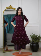 Teeya Creation Sophisticated Wine Colored Straight Kurta With Printed Palazzo Set | Grocsy