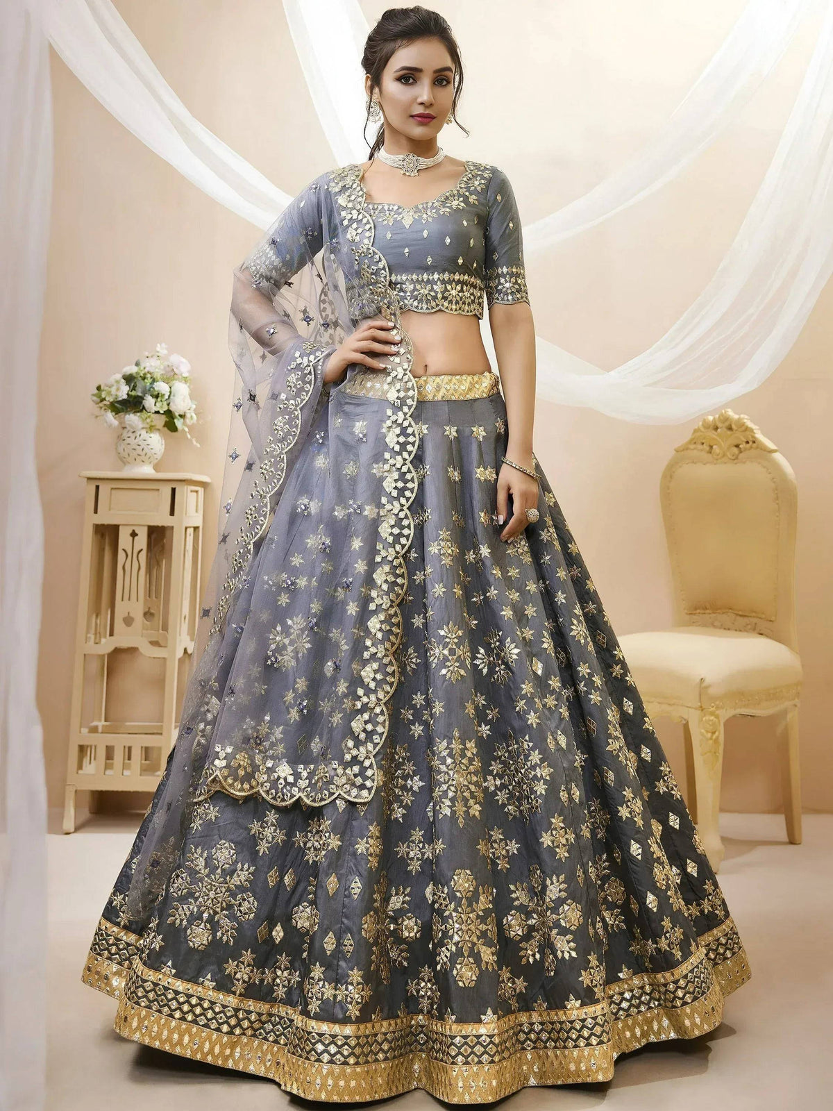 Tulsi Art Marvelous Grey Embroidered Art Silk Engagement Wear Lehenga Choli | Grocsy