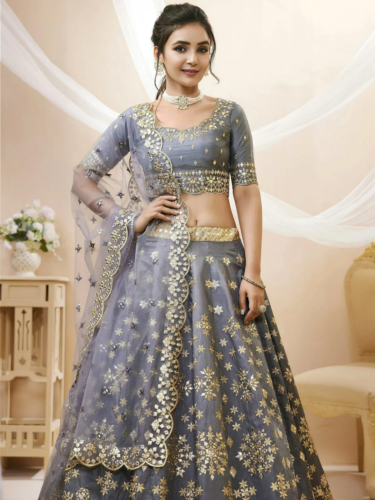 Tulsi Art Marvelous Grey Embroidered Art Silk Engagement Wear Lehenga Choli | Grocsy