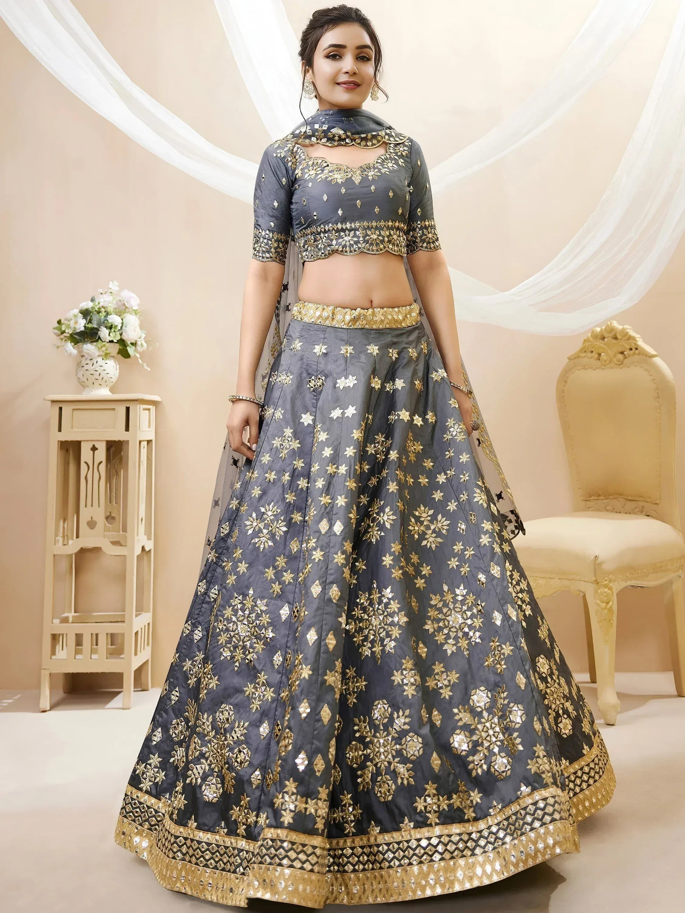 Tulsi Art Marvelous Grey Embroidered Art Silk Engagement Wear Lehenga Choli | Grocsy