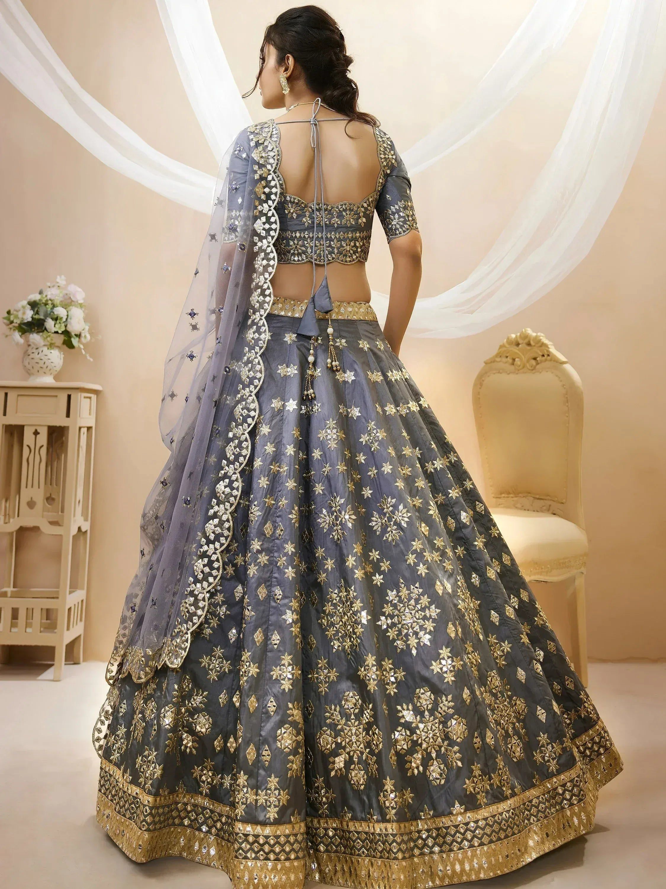 Tulsi Art Marvelous Grey Embroidered Art Silk Engagement Wear Lehenga Choli | Grocsy