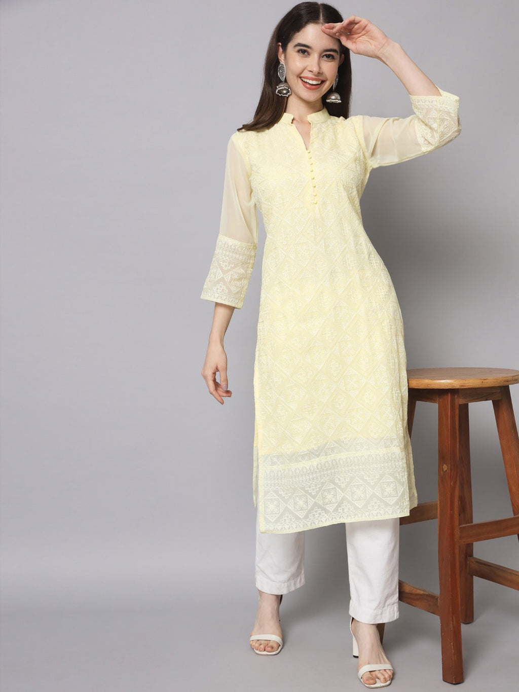 HERE&NOW Women Yellow Ethnic Motifs Embroidered Thread Work Georgette Kurta | Grocsy