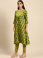 All About You Women Olive Green Ethnic Motifs Printed Empire Kurta with Trousers | Grocsy