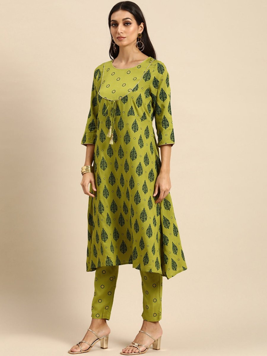 All About You Women Olive Green Ethnic Motifs Printed Empire Kurta with Trousers | Grocsy