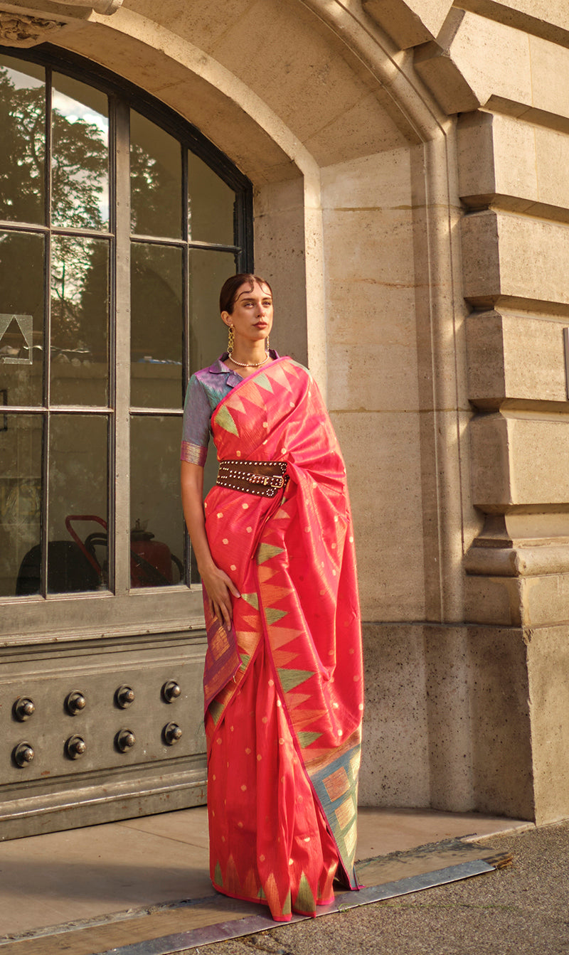 Monjolika Fashion Scarlet Red Color Silk Women'S Traditional Saree | Grocsy