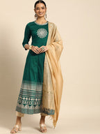 All About You Women Teal Green Embroidered Kurta with Dupatta | Grocsy