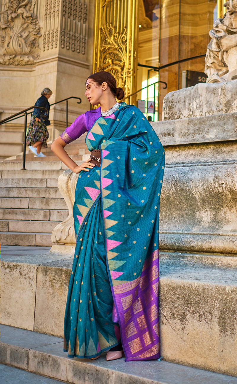 Monjolika Fashion Ocean Blue Color Silk Women'S Traditional Saree | Grocsy