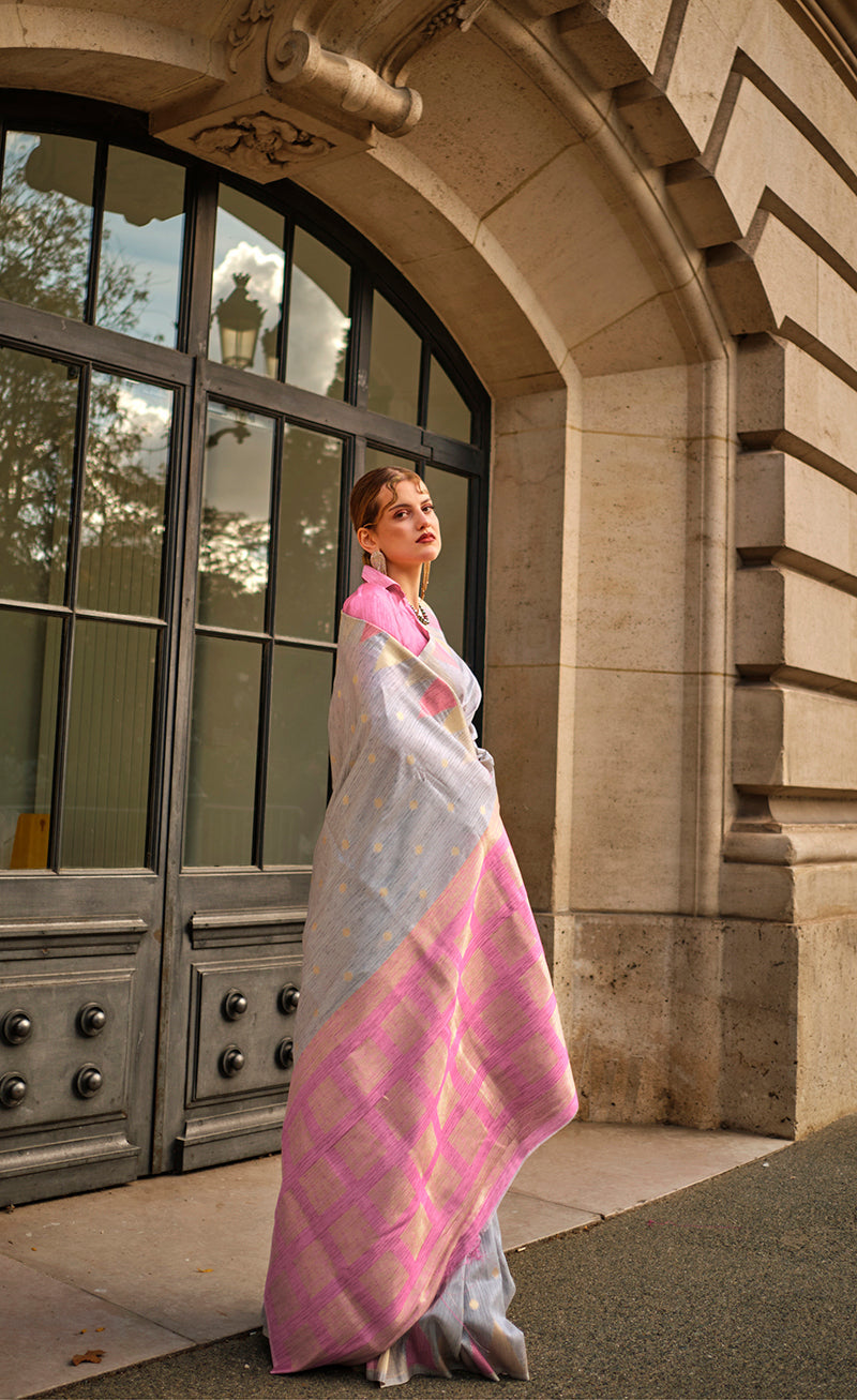 Monjolika Fashion Grey Color Silk Women'S Traditional Saree | Grocsy