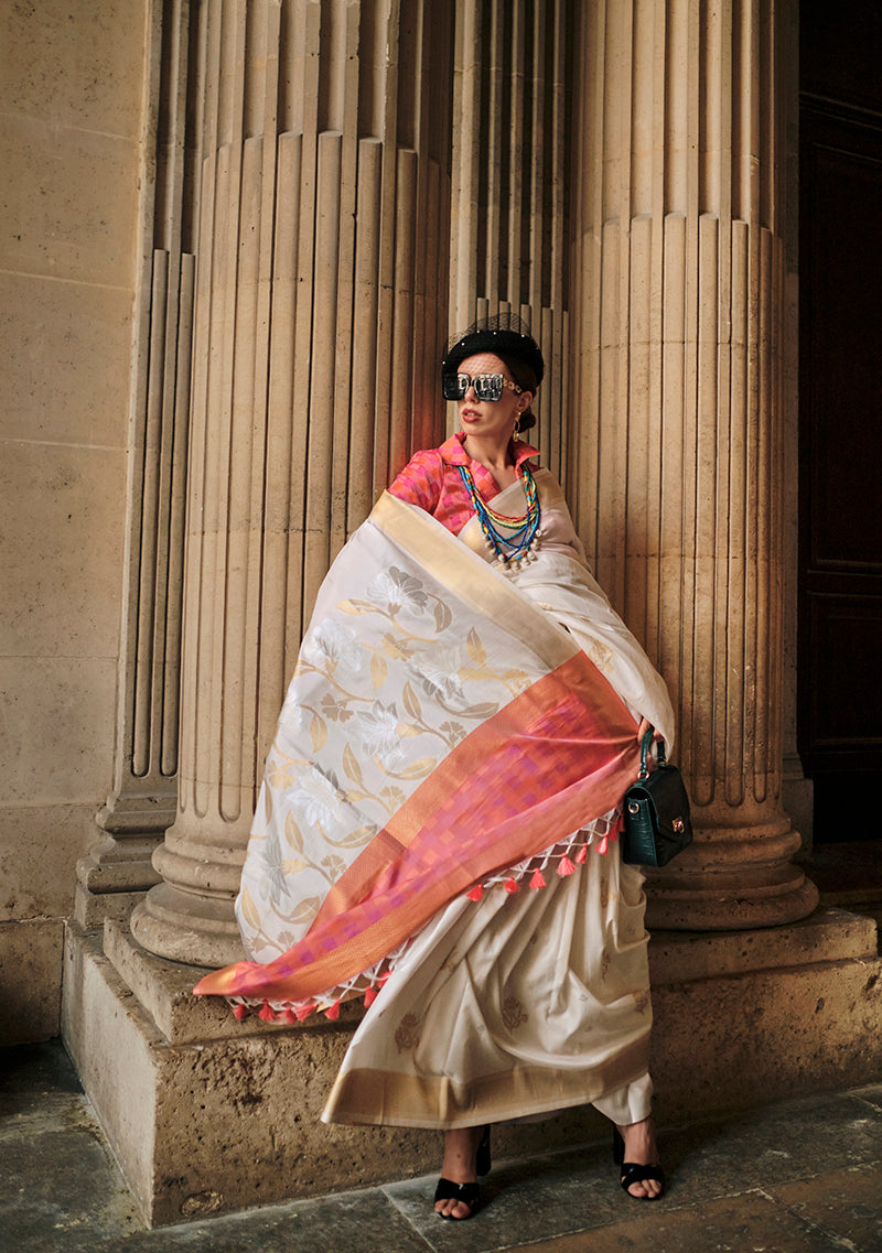 Monjolika Fashion Off White Soft Silk Ceremonial Designer Saree | Grocsy