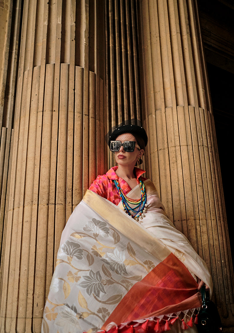 Monjolika Fashion Off White Soft Silk Ceremonial Designer Saree | Grocsy