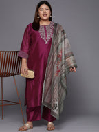 Sztori Plus Size Yoke Design Regular Sequinned Chanderi Silk Kurta & Trousers With Dupatta | Grocsy