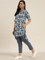 Sangria Women White & Navy Blue Printed Kurta with Trousers | Grocsy
