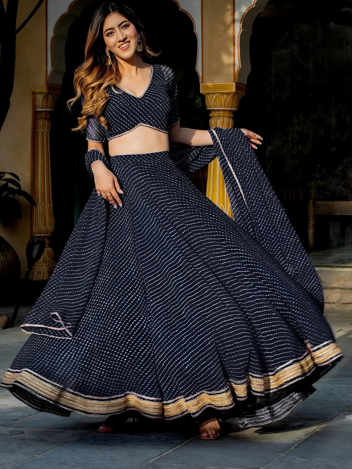 Tulsi Art Captivating Black Laheriya Print Georgette Wedding Lehenga Choli | Grocsy