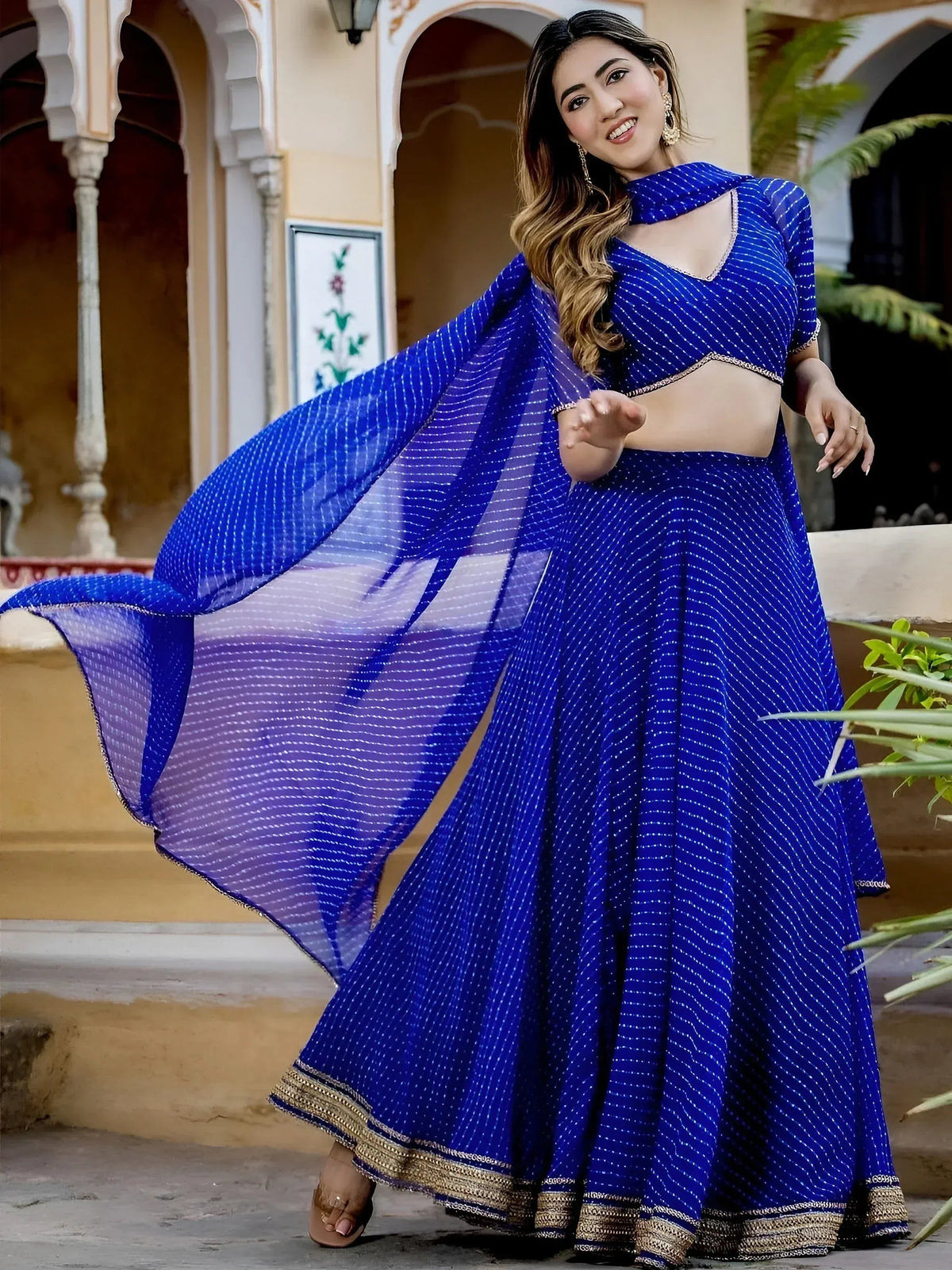 Tulsi Art Gorgeous Blue Leheriya Print Georgette Wedding Wear Lehenga Choli | Grocsy