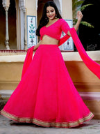 Tulsi Art Astounding Pink Leheriya Georgette Bridesmaid Lehenga Choli | Grocsy