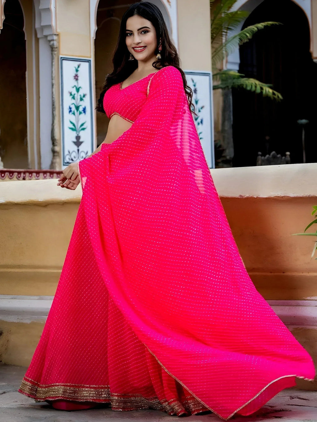 Tulsi Art Astounding Pink Leheriya Georgette Bridesmaid Lehenga Choli | Grocsy