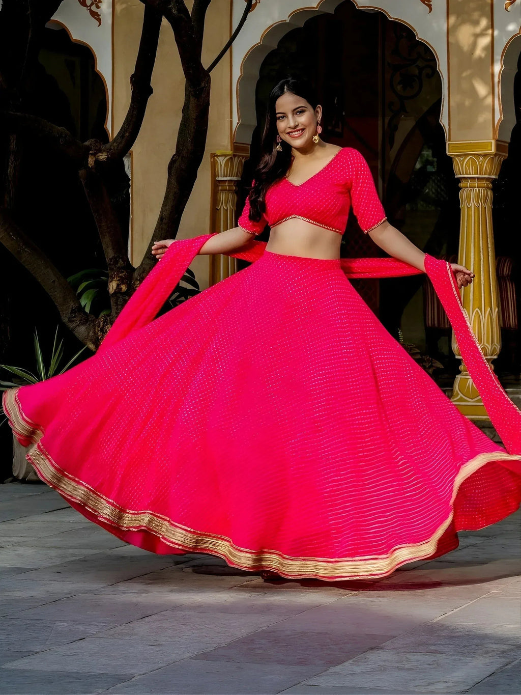 Tulsi Art Astounding Pink Leheriya Georgette Bridesmaid Lehenga Choli | Grocsy