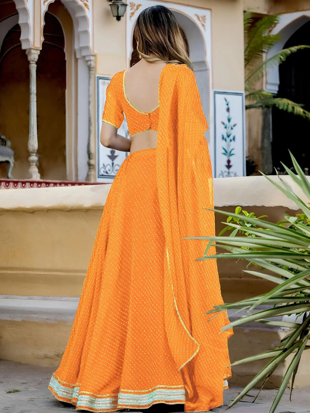 Tulsi Art Pretty Orange Leheriya Print Georgette Wedding Lehenga Choli | Grocsy