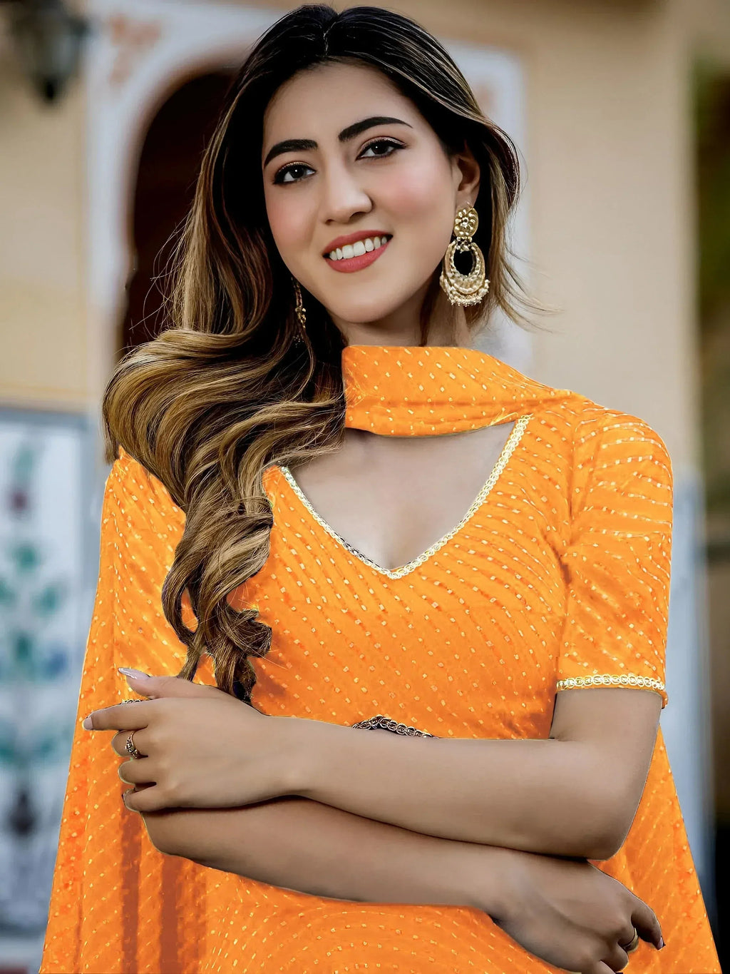 Tulsi Art Pretty Orange Leheriya Print Georgette Wedding Lehenga Choli | Grocsy