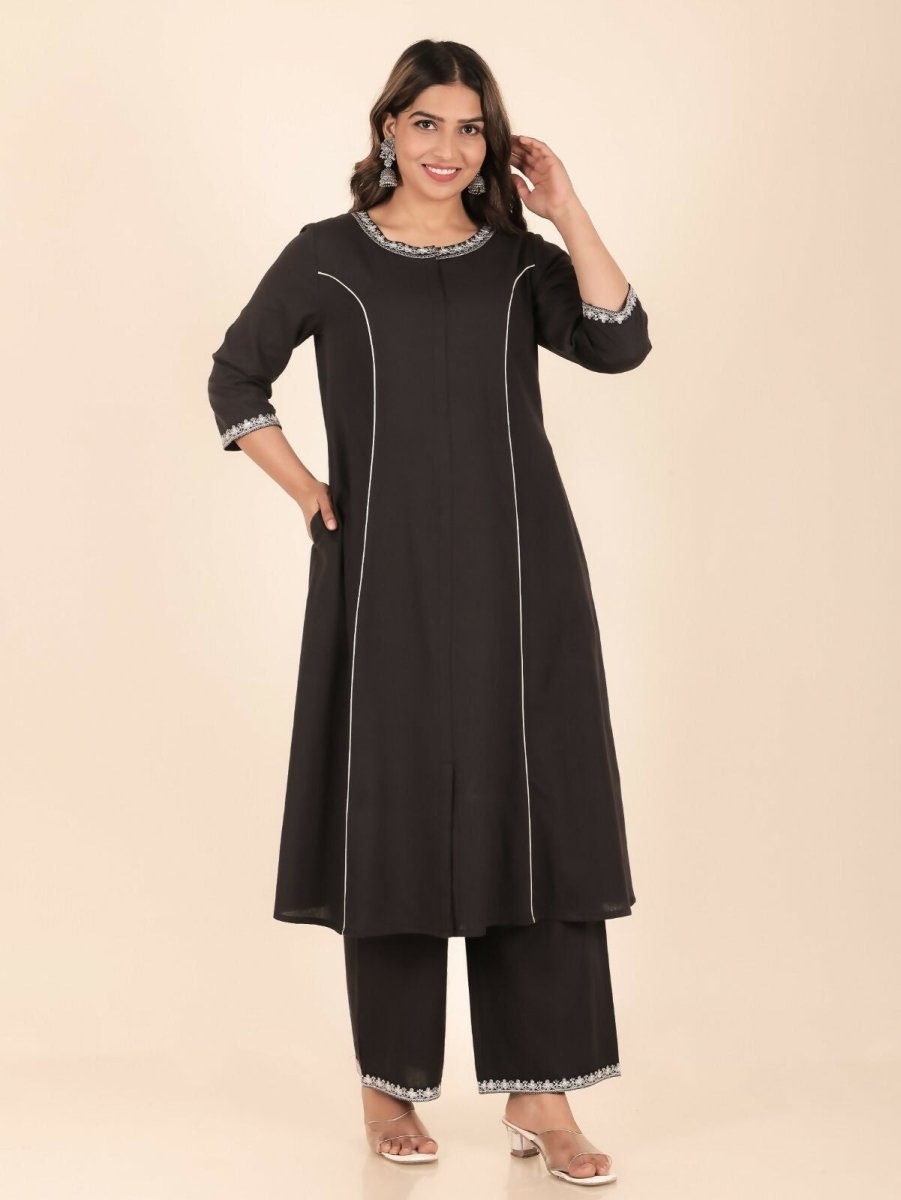 Aramya A-line Linen Cotton Solid Women's Kurta - Black | Grocsy