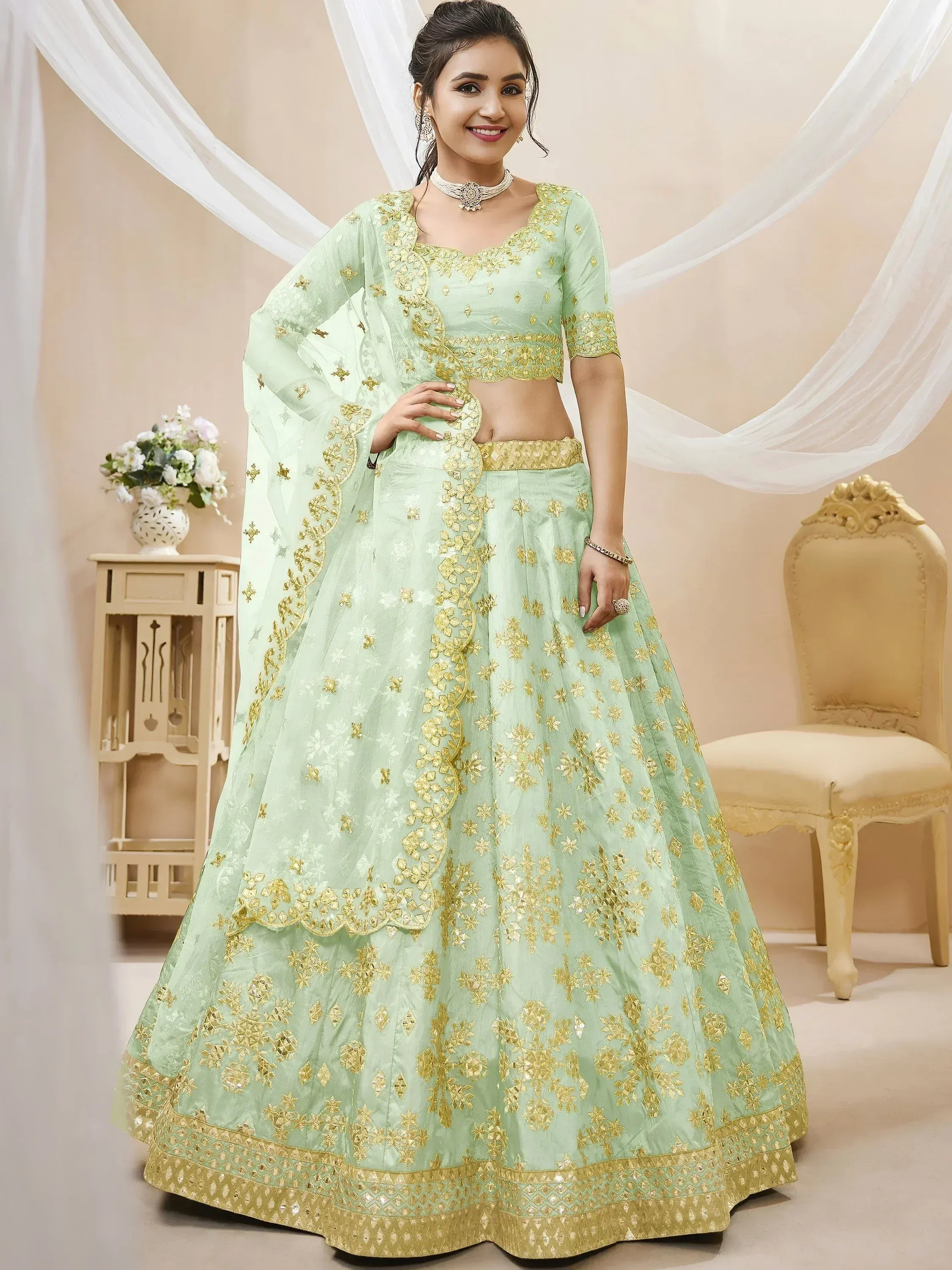 Tulsi Art Mesmerizing Pista Embroidered Art Silk Reception Wear Lehenga Choli | Grocsy