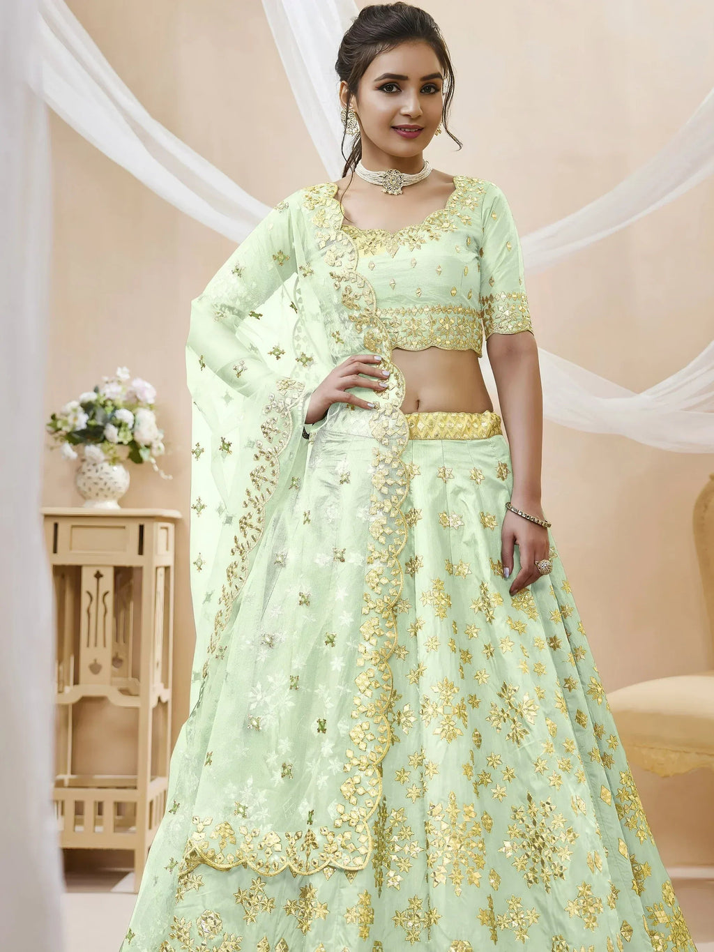Tulsi Art Mesmerizing Pista Embroidered Art Silk Reception Wear Lehenga Choli | Grocsy