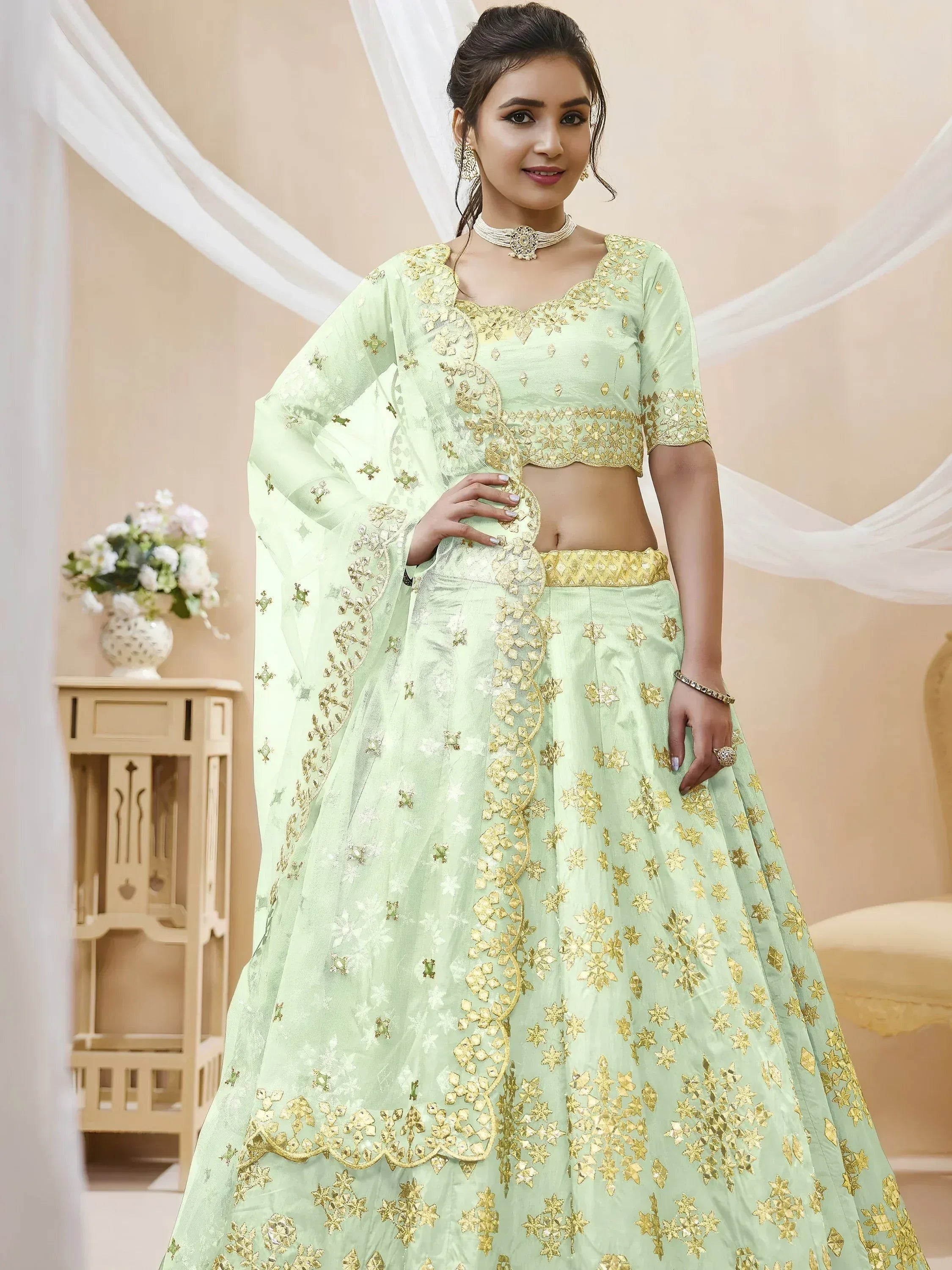 Tulsi Art Mesmerizing Pista Embroidered Art Silk Reception Wear Lehenga Choli | Grocsy