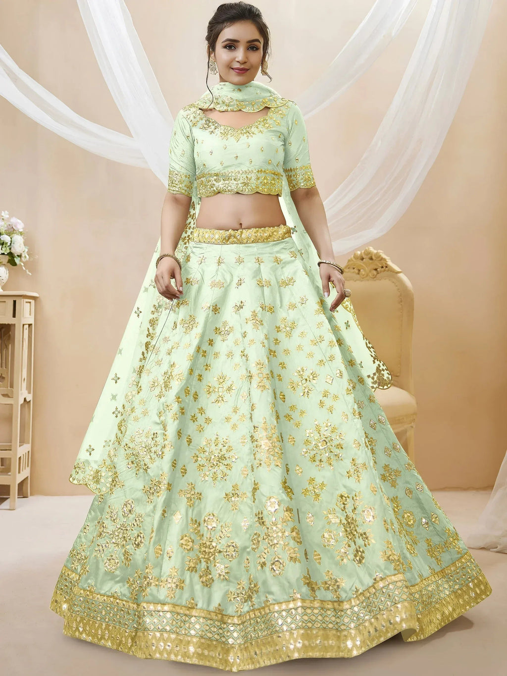Tulsi Art Mesmerizing Pista Embroidered Art Silk Reception Wear Lehenga Choli | Grocsy