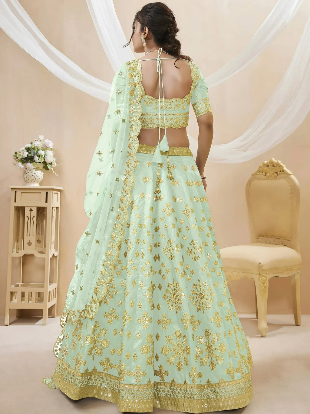 Tulsi Art Mesmerizing Pista Embroidered Art Silk Reception Wear Lehenga Choli | Grocsy