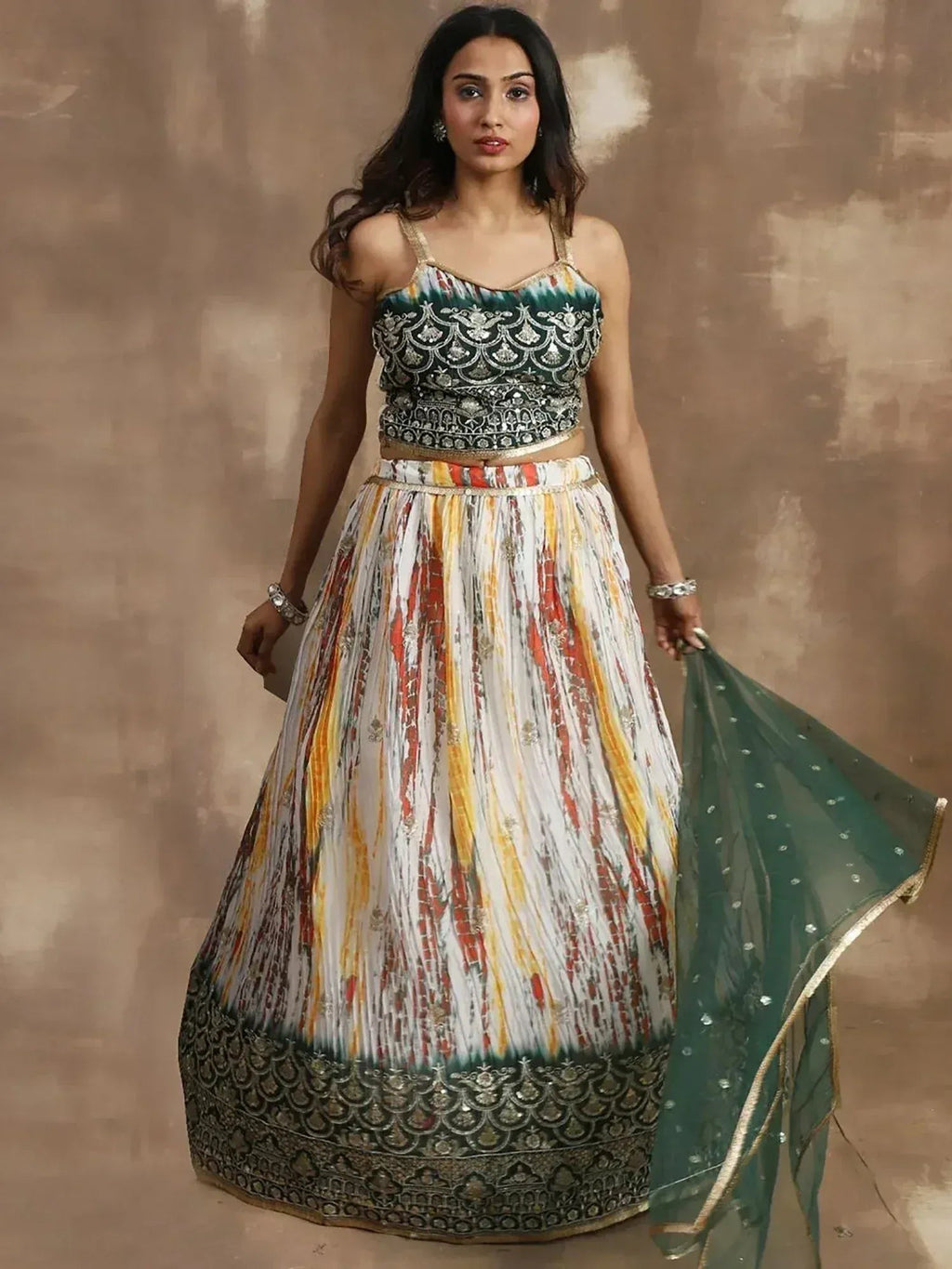 Tulsi Art Enchanting White & Green Sequins Chinon Festival Wear Lehenga Choli | Grocsy