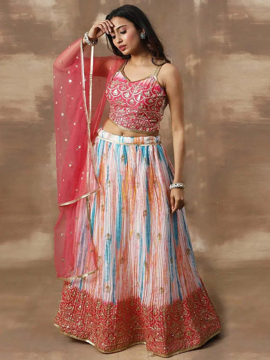 Tulsi Art Fascinating White & Pink Zari Work Chinon Event Wear Lehenga Choli | Grocsy
