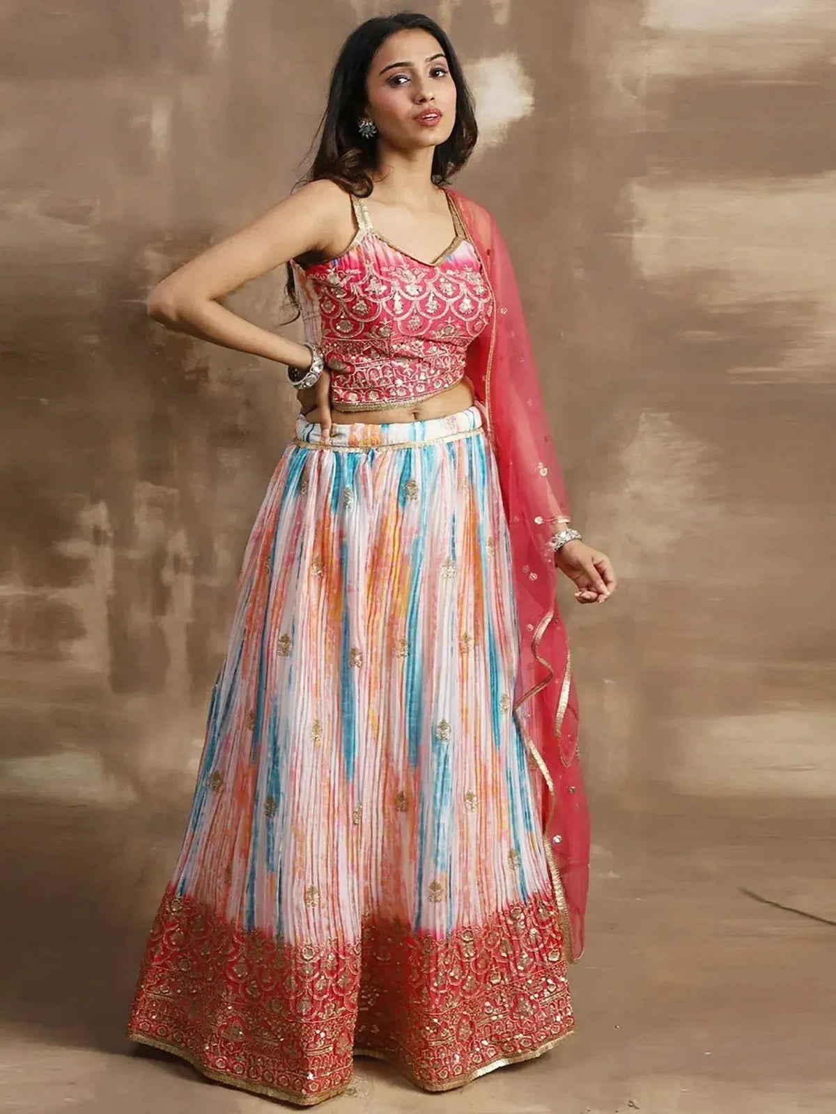 Tulsi Art Fascinating White & Pink Zari Work Chinon Event Wear Lehenga Choli | Grocsy