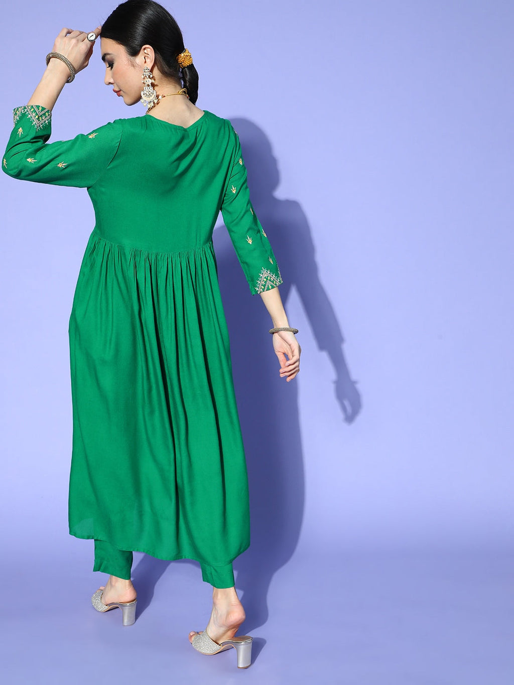 Sangria Women Green Yoke Design Empire Kurta with Trousers | Grocsy