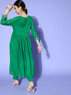 Sangria Women Green Yoke Design Empire Kurta with Trousers | Grocsy