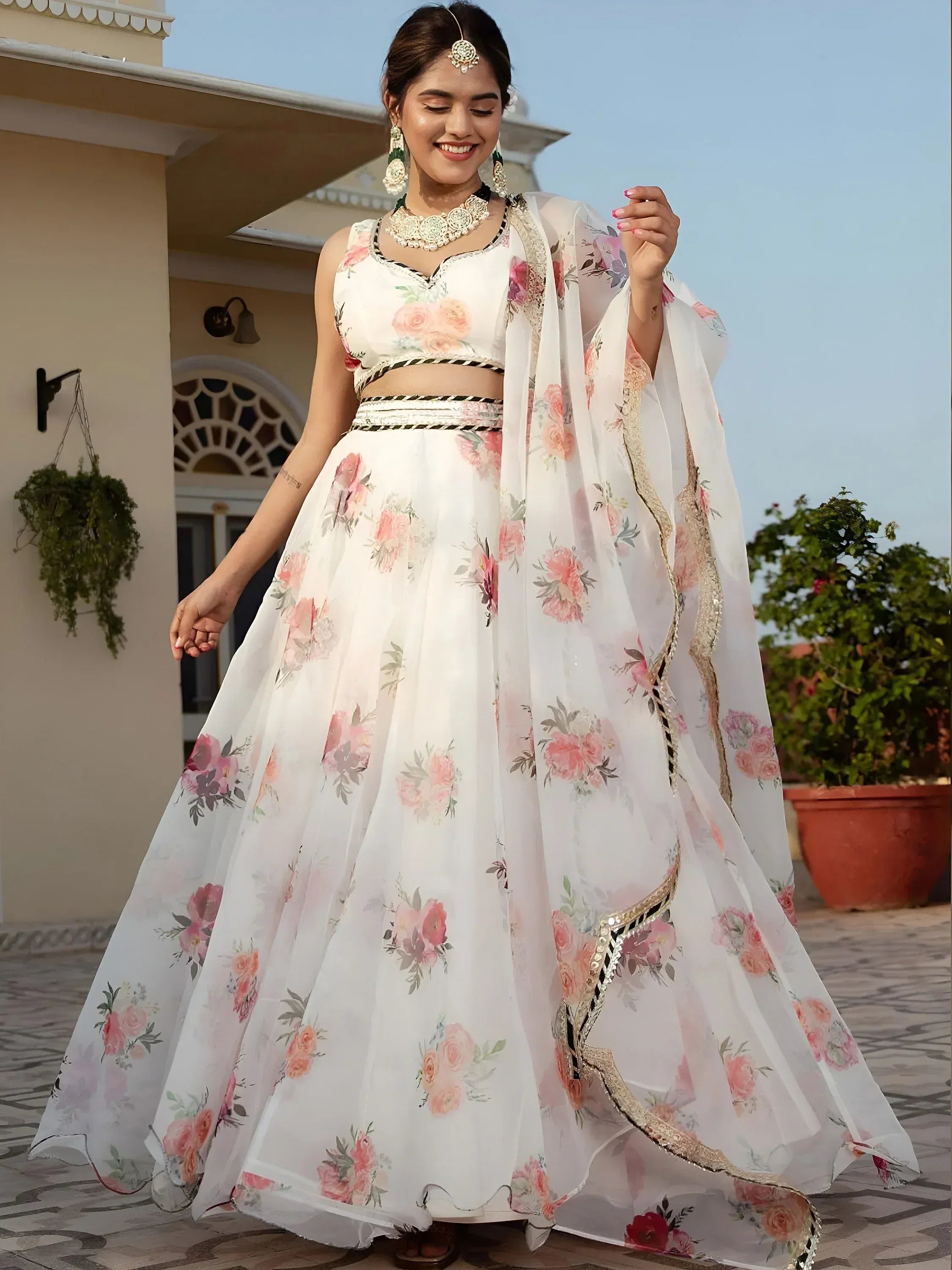 Tulsi Art Magnetic White Floral Printed Organza Festival Wear Lehenga Choli | Grocsy