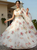Tulsi Art Magnetic White Floral Printed Organza Festival Wear Lehenga Choli | Grocsy