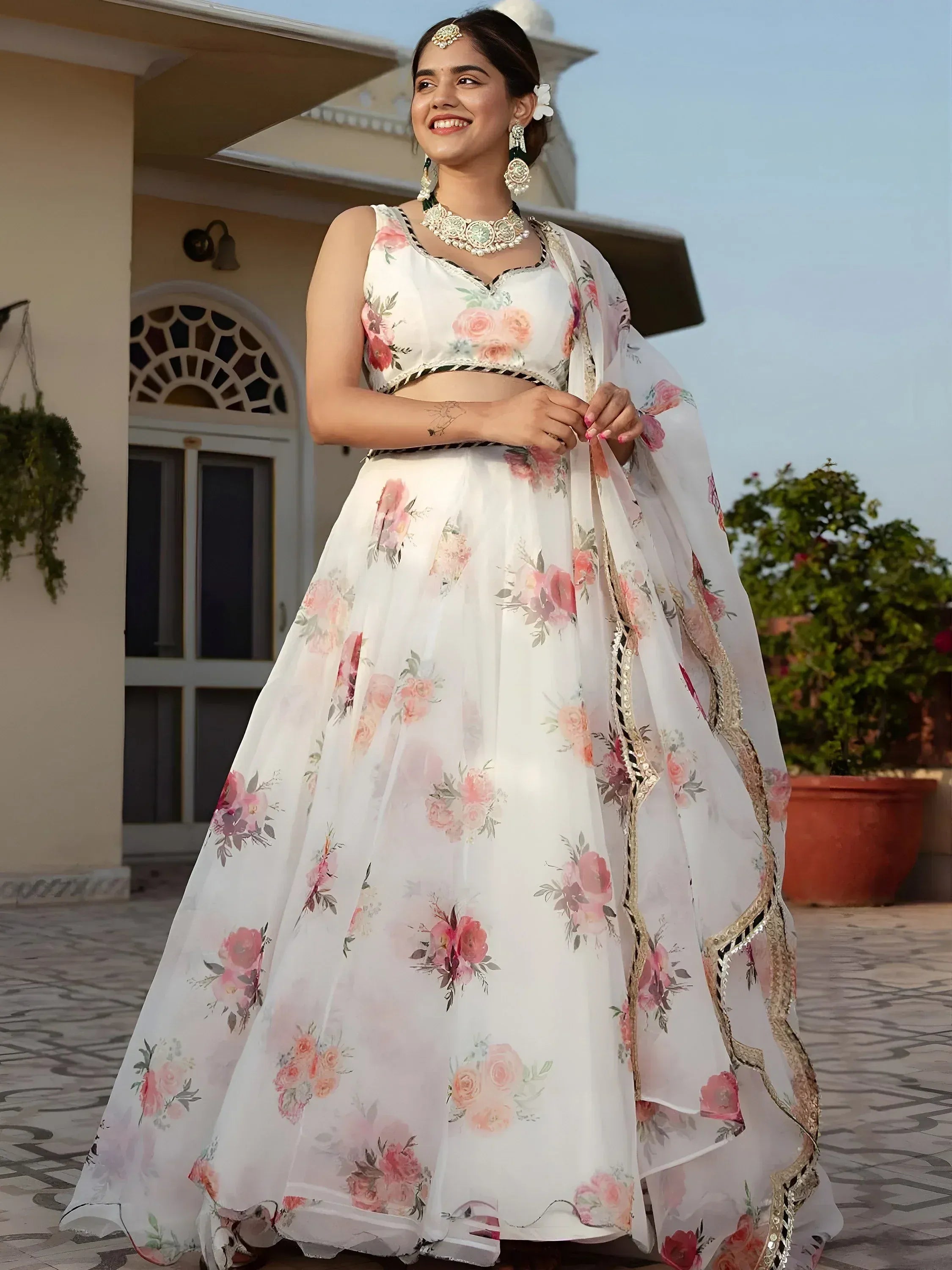 Tulsi Art Magnetic White Floral Printed Organza Festival Wear Lehenga Choli | Grocsy