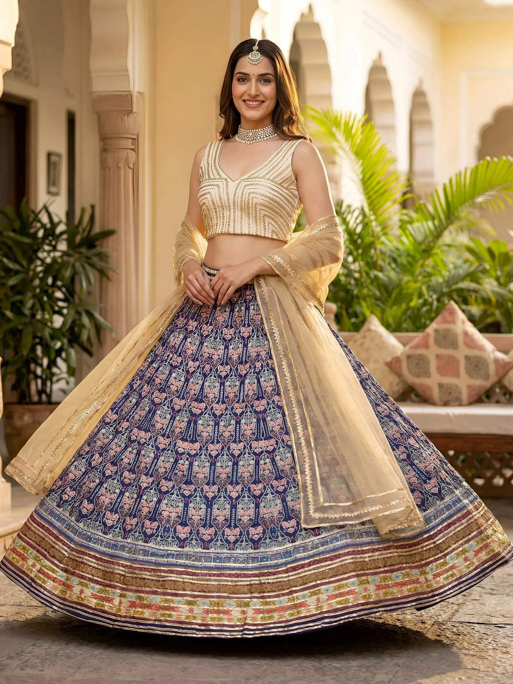 Tulsi Art Glowing Blue Digital Printed Silk Wedding Wear Lehenga Choli | Grocsy