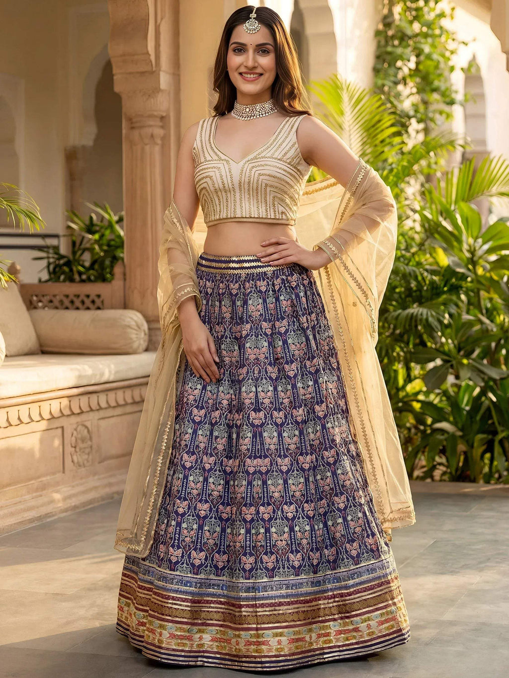 Tulsi Art Glowing Blue Digital Printed Silk Wedding Wear Lehenga Choli | Grocsy