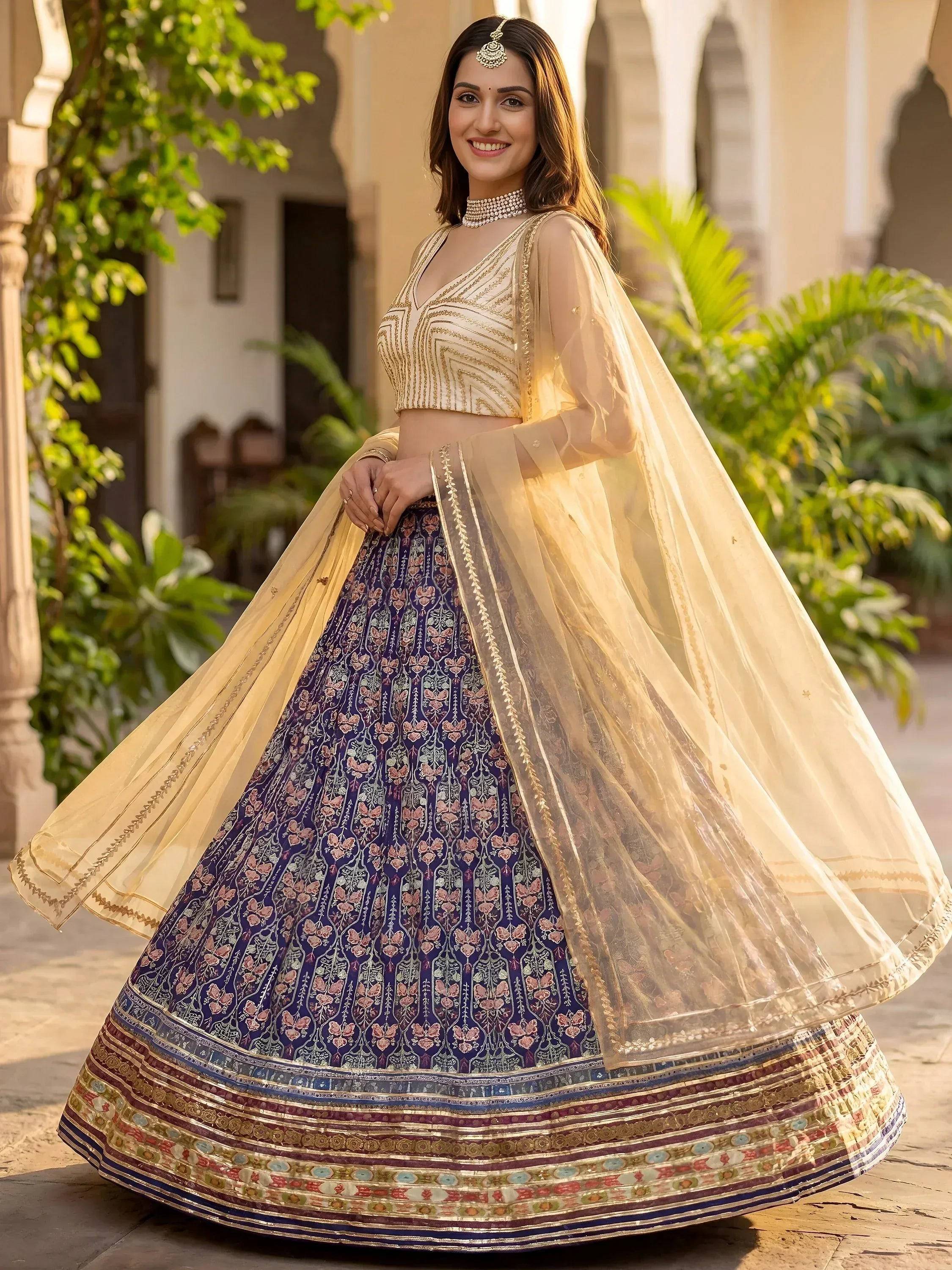 Tulsi Art Glowing Blue Digital Printed Silk Wedding Wear Lehenga Choli | Grocsy