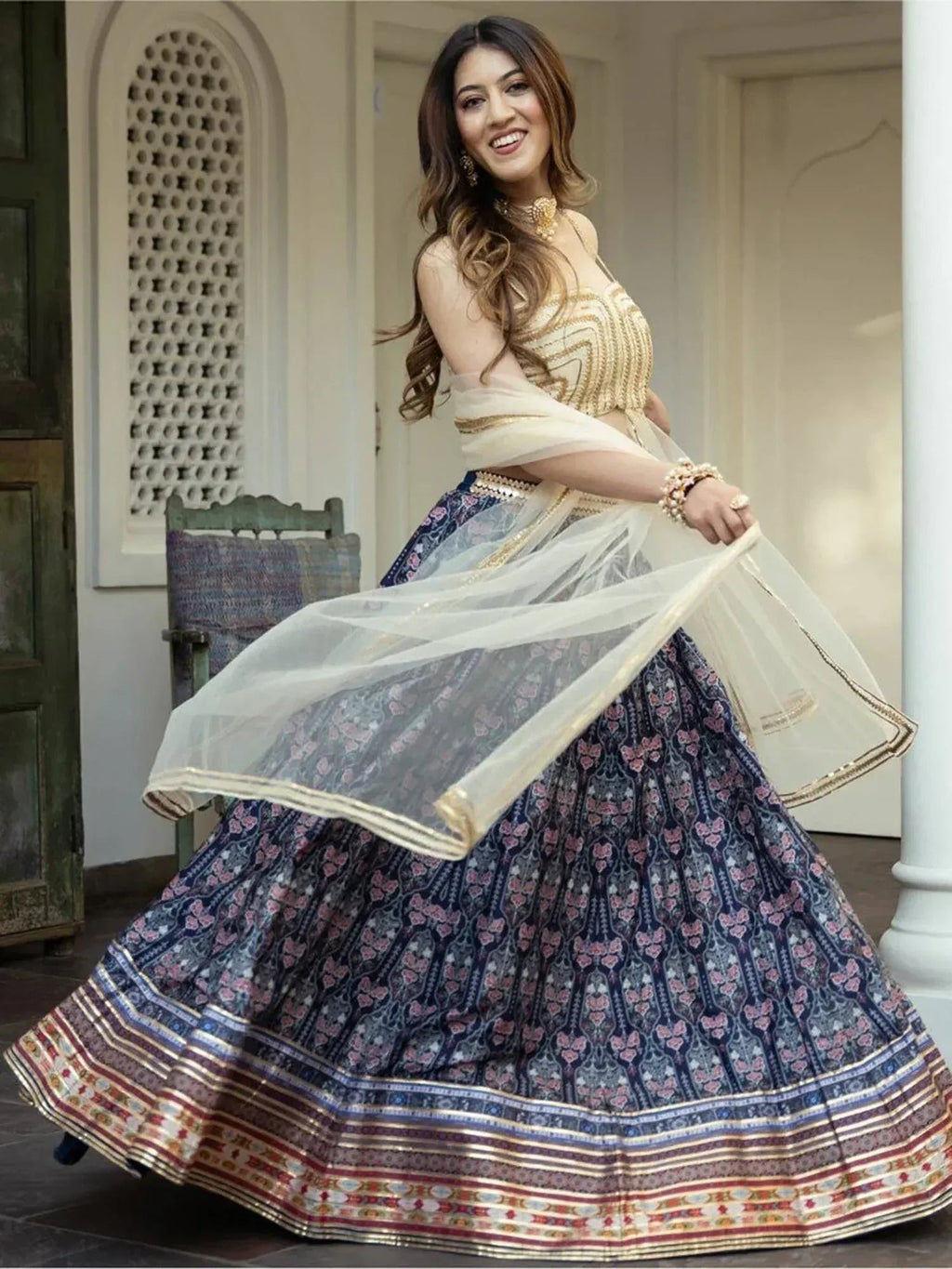 Tulsi Art Beautiful Navy Blue Digital Printed Art Silk Reception Wear Lehenga Choli | Grocsy