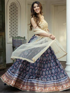 Tulsi Art Beautiful Navy Blue Digital Printed Art Silk Reception Wear Lehenga Choli | Grocsy