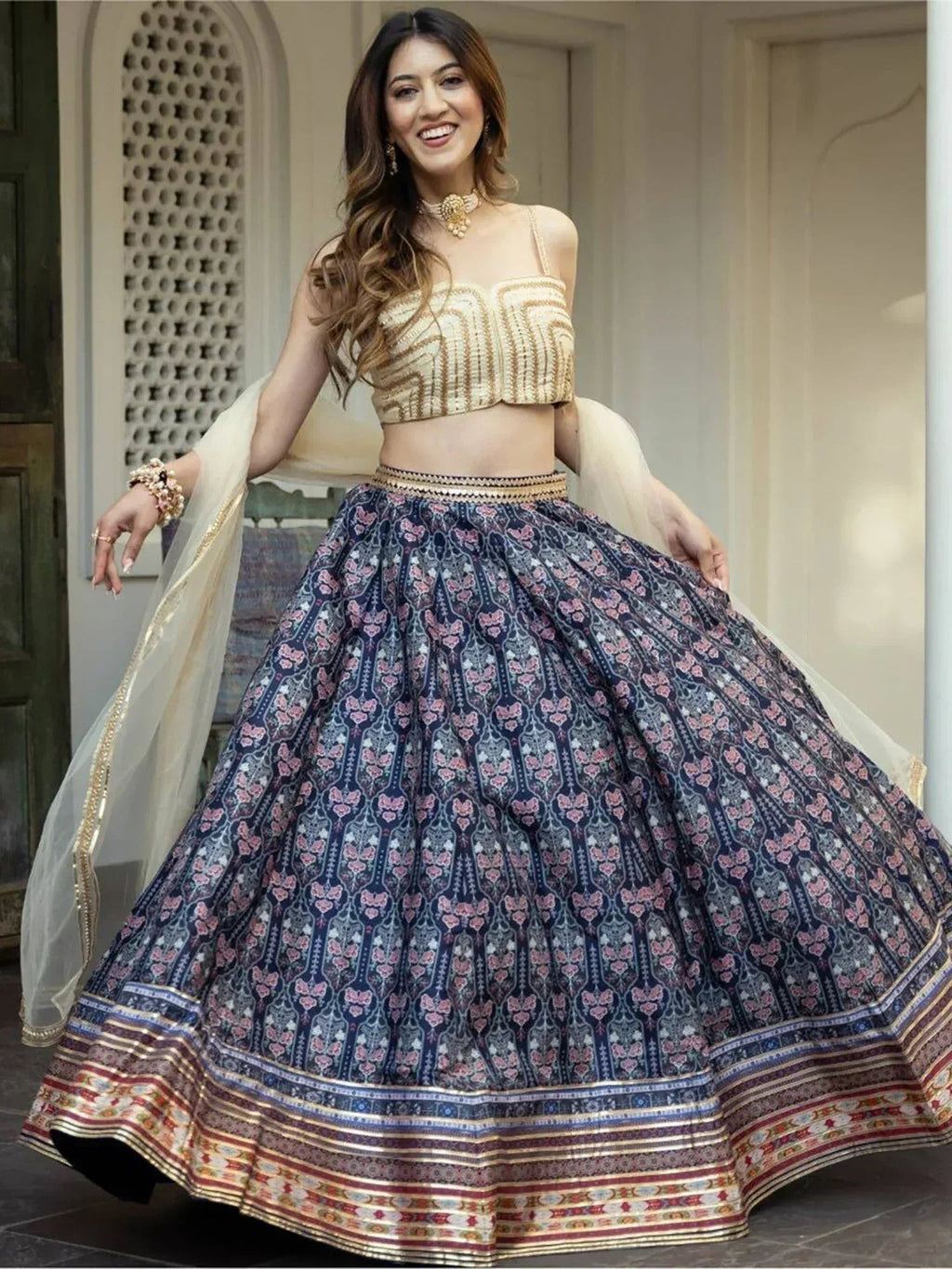 Tulsi Art Beautiful Navy Blue Digital Printed Art Silk Reception Wear Lehenga Choli | Grocsy