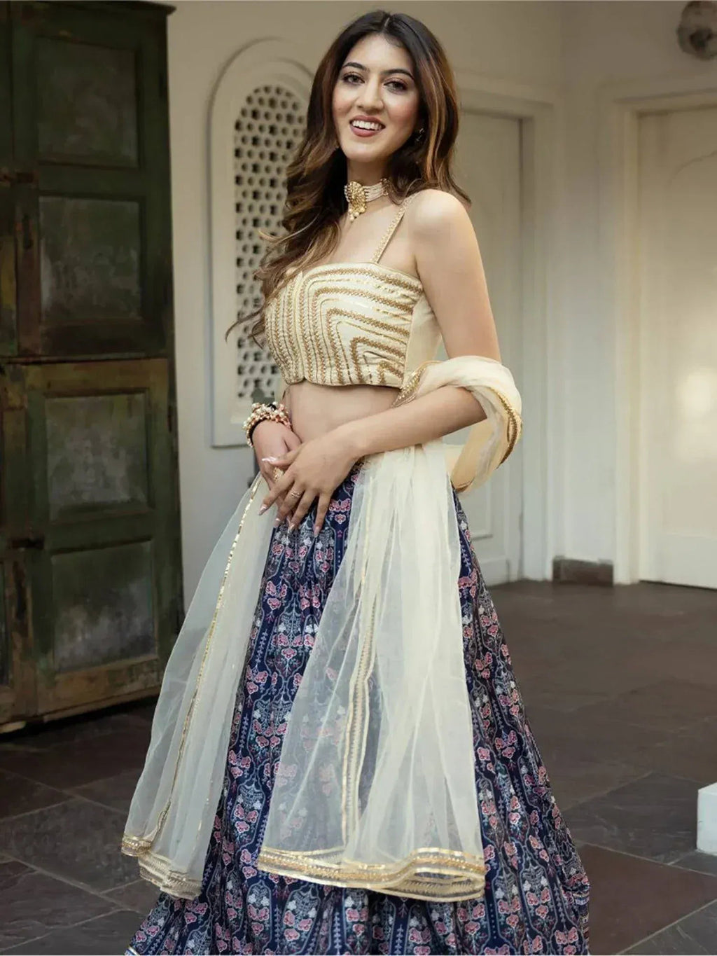 Tulsi Art Beautiful Navy Blue Digital Printed Art Silk Reception Wear Lehenga Choli | Grocsy