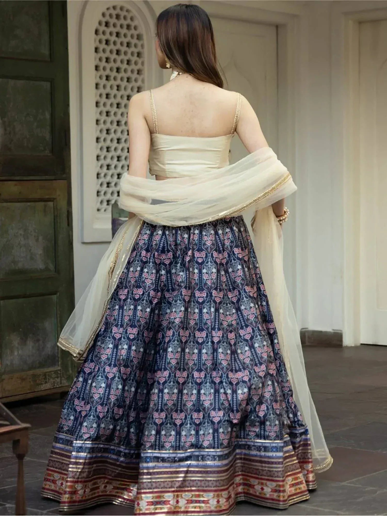 Tulsi Art Beautiful Navy Blue Digital Printed Art Silk Reception Wear Lehenga Choli | Grocsy