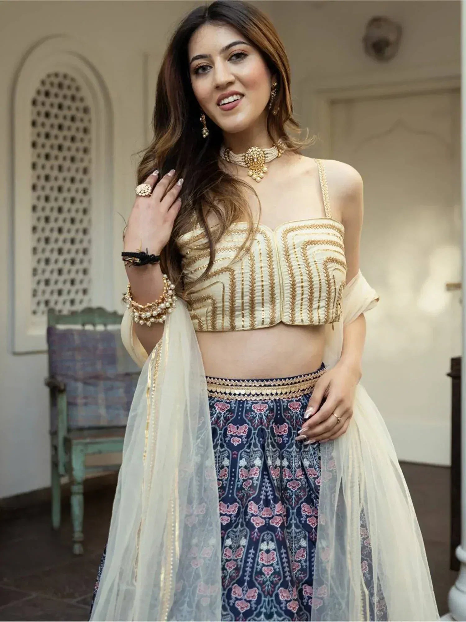 Tulsi Art Beautiful Navy Blue Digital Printed Art Silk Reception Wear Lehenga Choli | Grocsy
