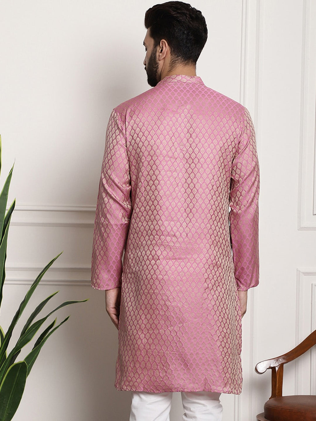 Sojanya Men Pink & Beige Ethnic Motifs Jacquard Woven Design Straight Kurta | Grocsy