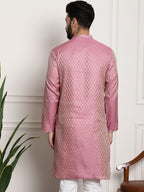 Sojanya Men Pink & Beige Ethnic Motifs Jacquard Woven Design Straight Kurta | Grocsy